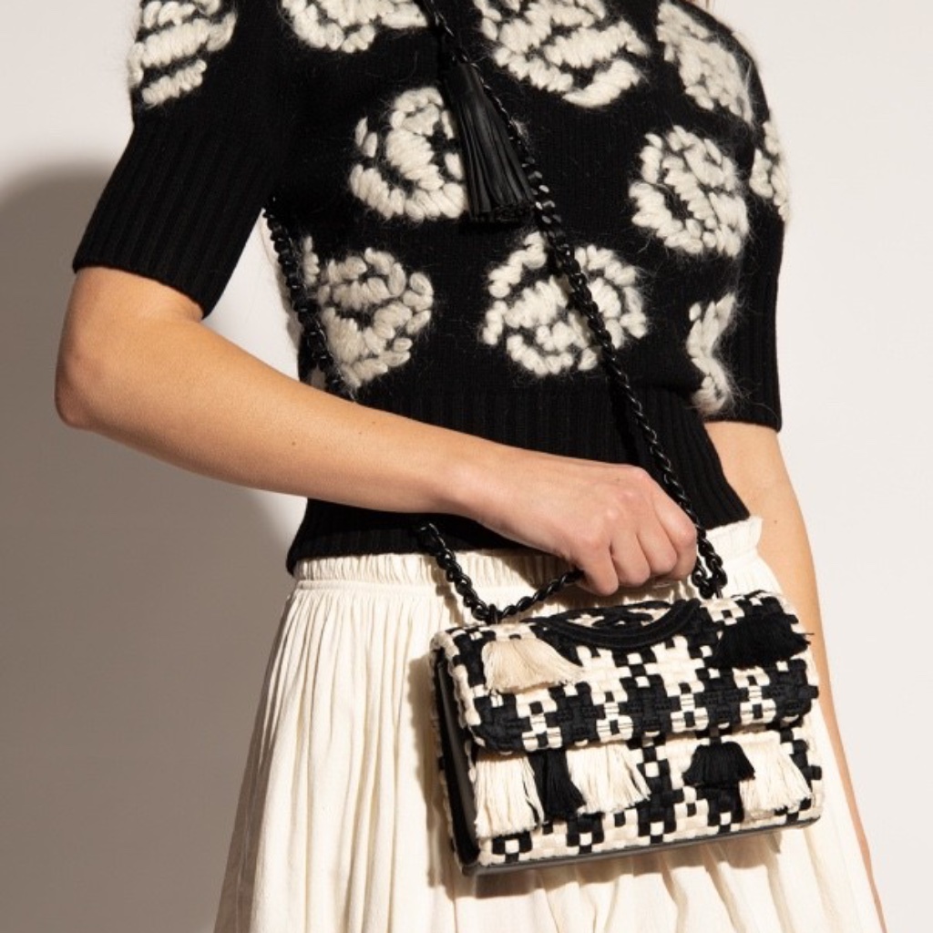 New Tory Burch Fleming Tweed Small Convertible Shoulder Bag Black White Nwt